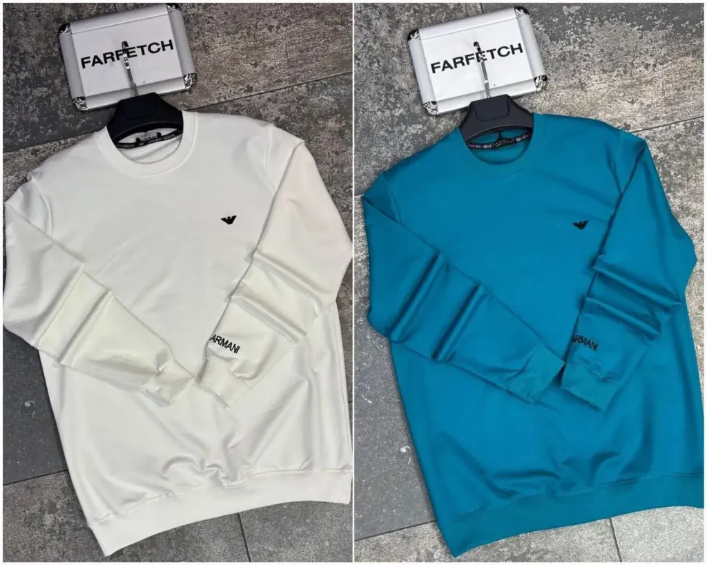 (BUY 1 GET 1 FREE) Emporio Armani Men’s Teal Blue Eagle Logo Sweatshirt – Iconic Sleeve Branding Edition (S, Blue)