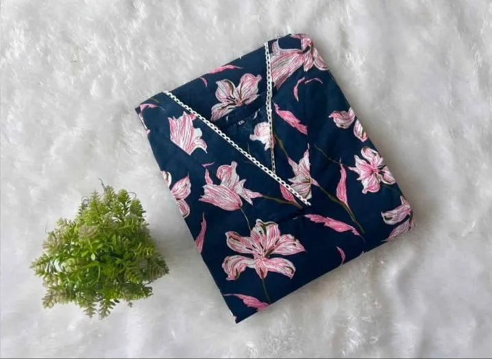 Navy Blue Floral Print Kurti with Elegant White Lace V-Neck Detail