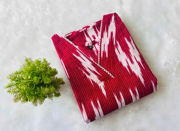 Women's Red Ikat Print Cotton Kurti with Lace V-Neck