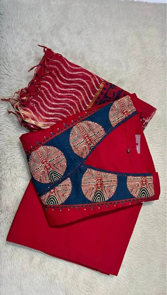 Radiate Ethnic Charm in our Bold Red & Blue Circular Print Kurti Set