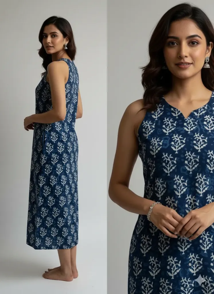 Women's Indigo Blue Cotton Hand Block Print Sleeveless Straight Kurti (Floral Tree Motif)