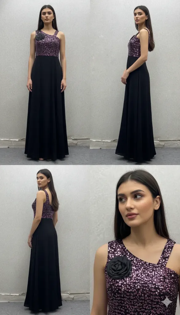 Women's Elegant Black A-Line Evening Gown with Sequin Embellished Bodice and Floral Appliqué