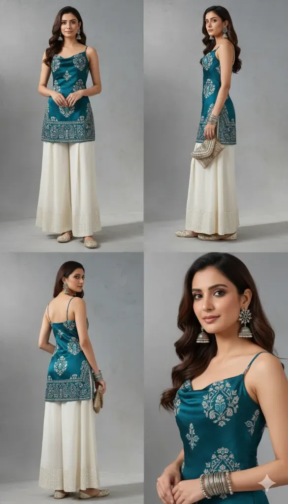 Women's Teal Blue Silk Blend Strappy Kurti with Off-White Embroidered Sharara Set - 2 Piece Ethnic Suit (S, Red)