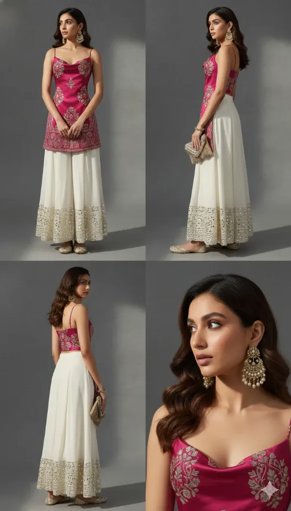 Women's Magenta Pink Silk Blend Strappy Kurti with Off-White Gota Patti Sharara Set - 2 Piece Festive Outfit