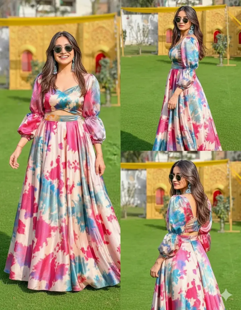 Women's Multicolor Tie-Dye Silk Lehenga Choli Set with Balloon Sleeves – 2 Piece Indo-Western Fusion Outfit (S, Red)