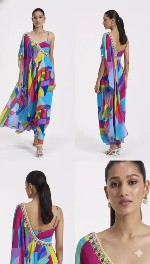 Women's Multicolor Abstract Geometric Print Dhoti Jumpsuit with One-Sided Cape & Embellished Border