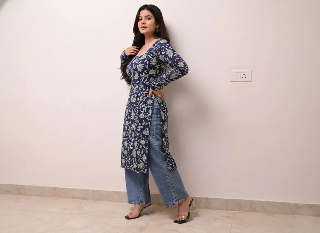 Women Floral Print Viscose Rayon Straight Kurta ( Blue)