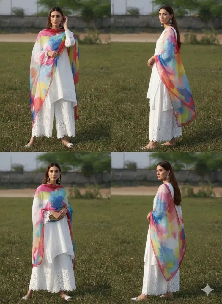 Women's Pristine White Chikankari Kurta & Palazzo Set with Vibrant Multicolor Organza Dupatta – 3 Piece Ethnic Suite