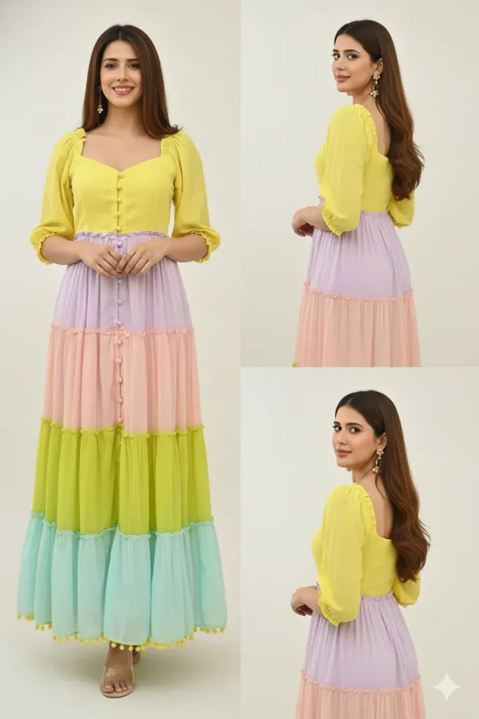 Women's Pastel Multi-Tiered Color-Block Maxi Dress with Sweetheart Neckline and Pompom Hem