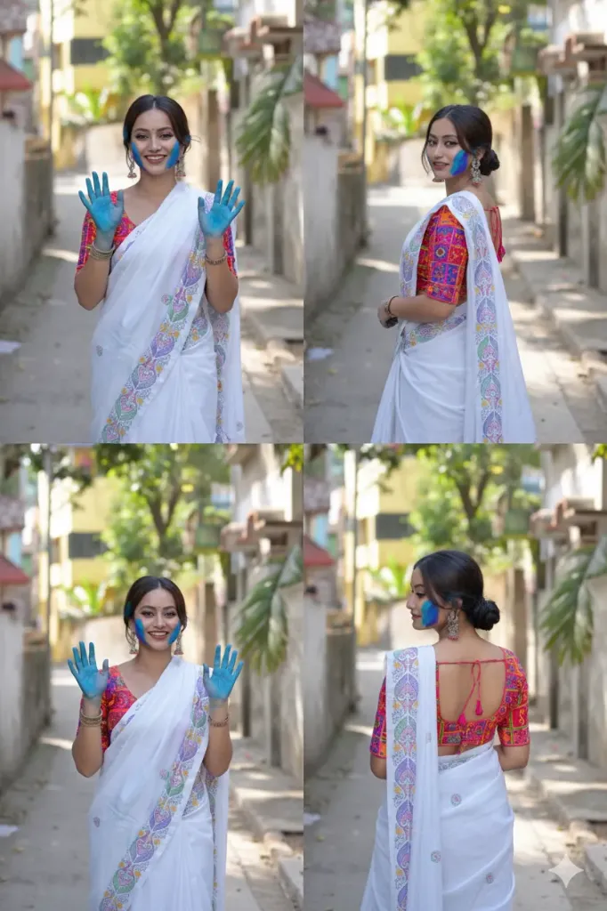 Women's White Cotton Mulmul Holi-Special Saree with Multi-Color Pastel Border & Contrast Pink Printed Blouse