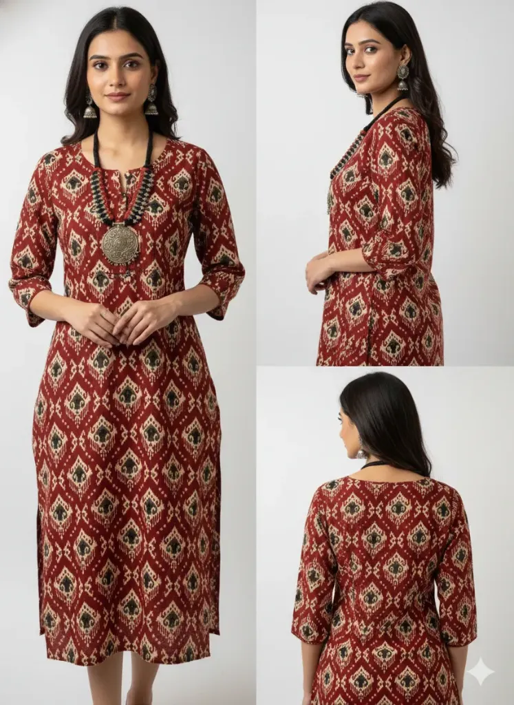 Women's Maroon & Beige Ikat Print Cotton Straight Kurta with 3/4th Sleeves – Casual Ethnic Wear