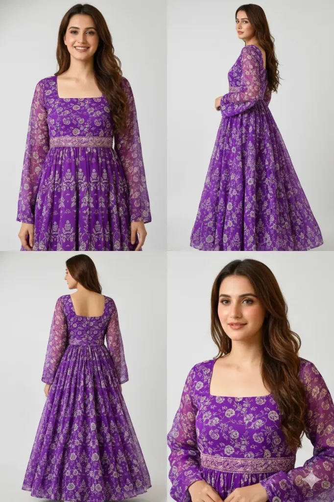 Women's Royal Purple Floral Georgette Anarkali Gown with Sequined Waistband and Long Sheer Sleeves (S)