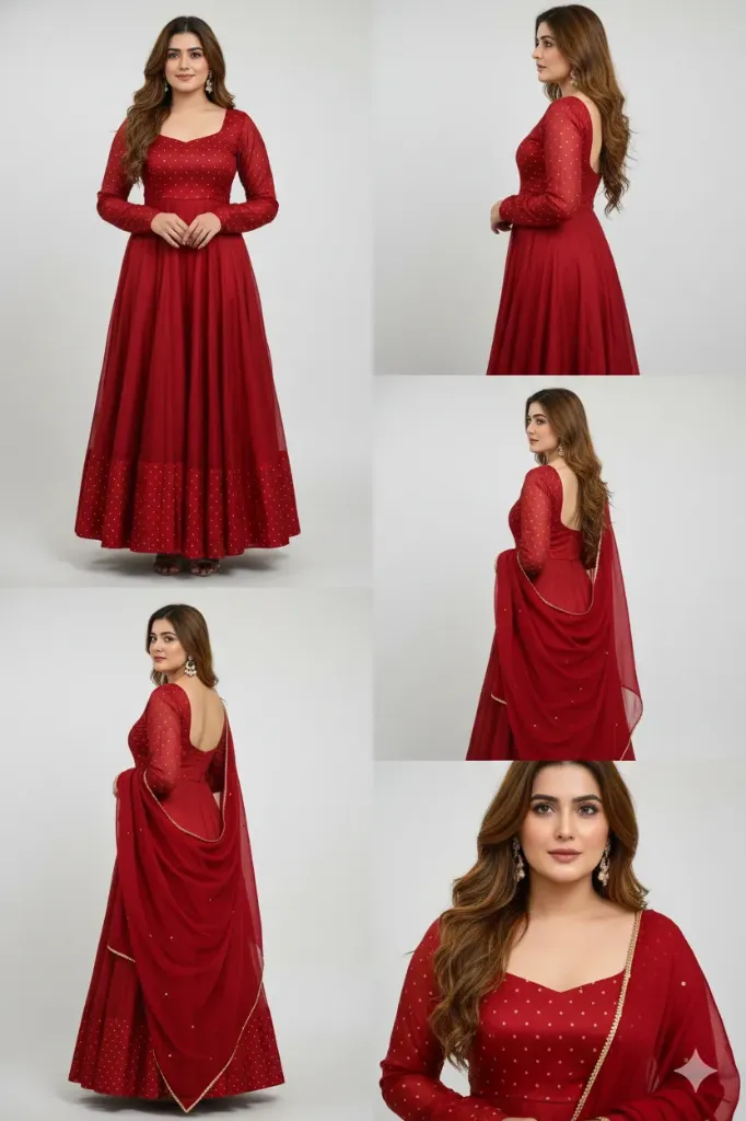 Women's Deep Maroon Georgette Anarkali Gown with Foil Polka Dots and Matching Dupatta – 2 Piece Festive Set (S)