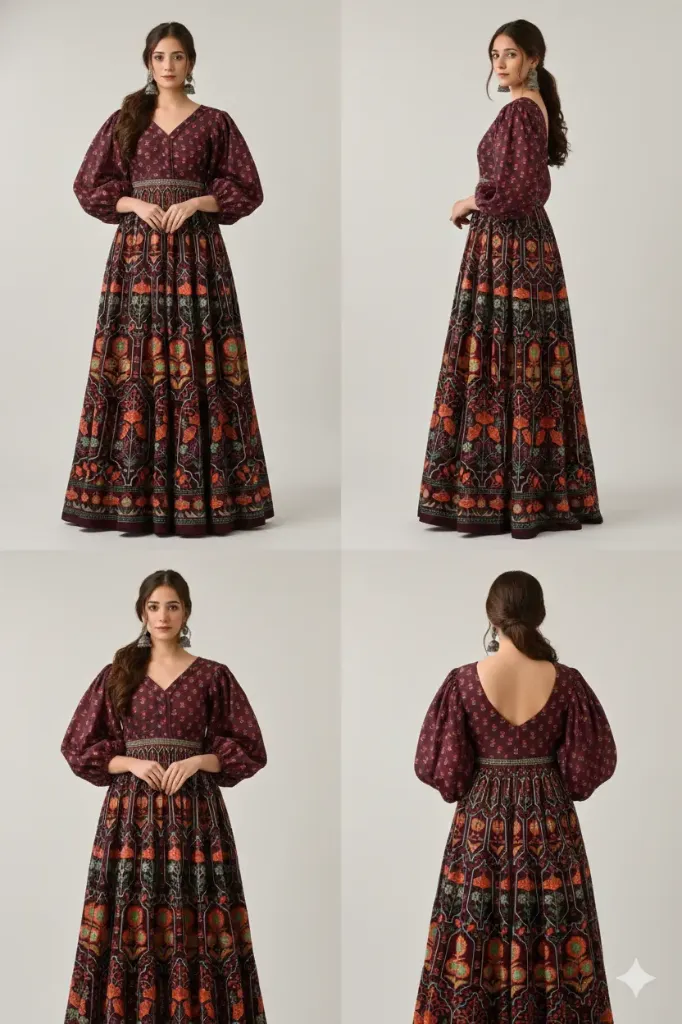 Women's Wine Maroon Floral Print Anarkali Gown with Balloon Sleeves and Hand-Embroidered Waistband – Designer Festive Wear (S)