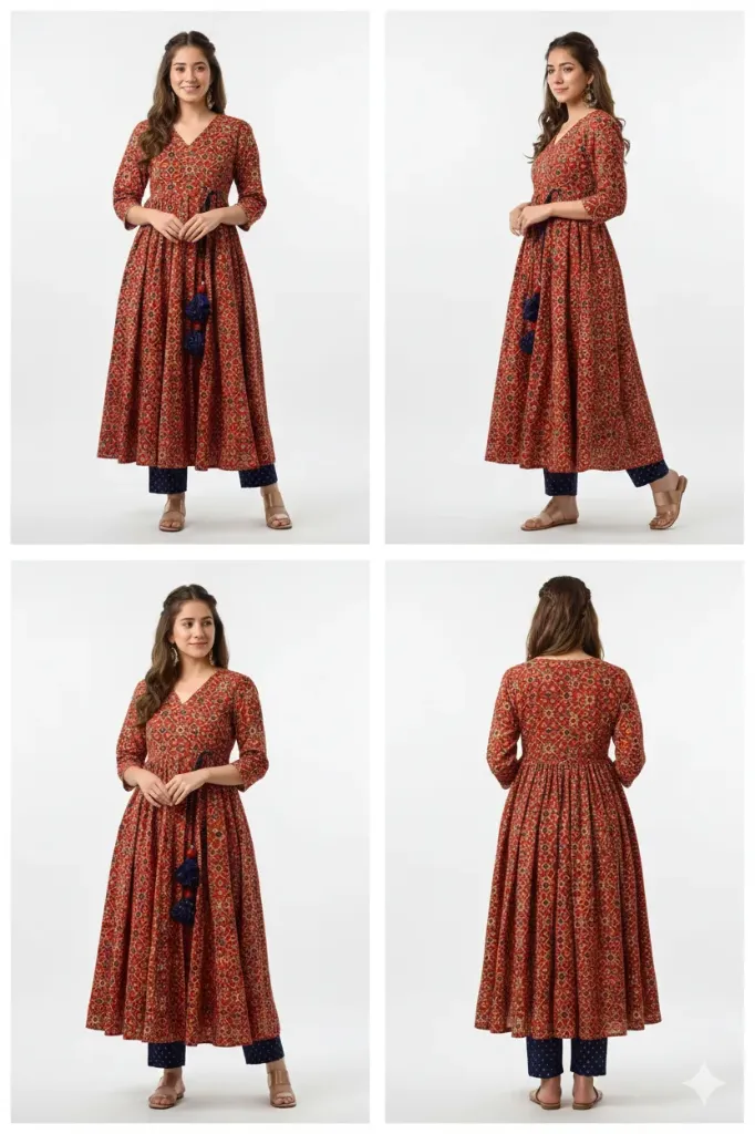Women's Rust Orange Ajrakh Print Anarkali Kurta with Navy Blue Polka Dot Pants – 2 Piece Ethnic Set with Tassel Detail