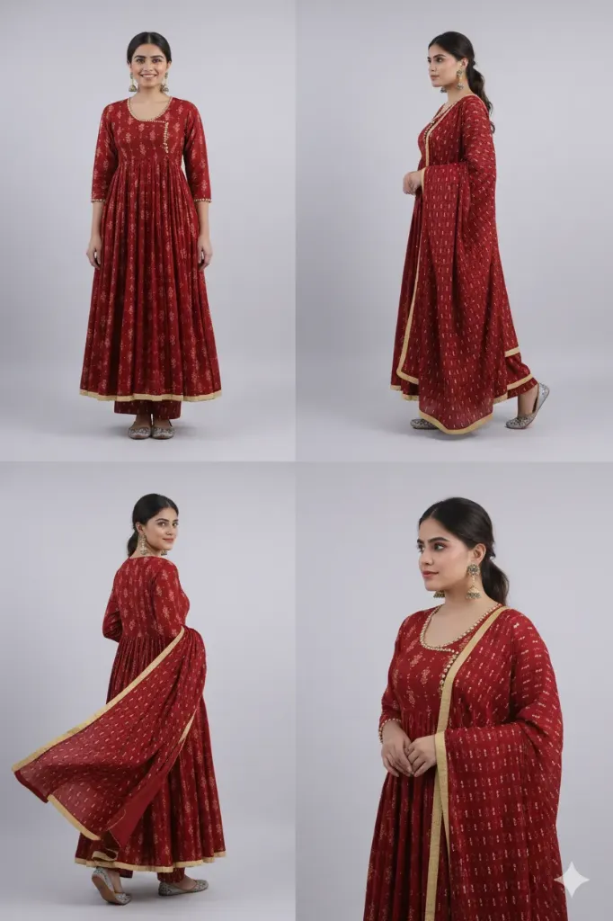 Women's Deep Maroon & Gold Anarkali Kurta Set with Matching Dupatta – 3 Piece Festive Ethnic Suite with Gota Patti Work