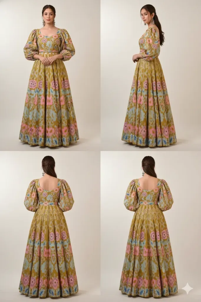 Women's Mustard & Pastel Floral Ikat Print Anarkali Gown with Dramatic Balloon Sleeves – Designer Indo-Western Fusion Wear (S)
