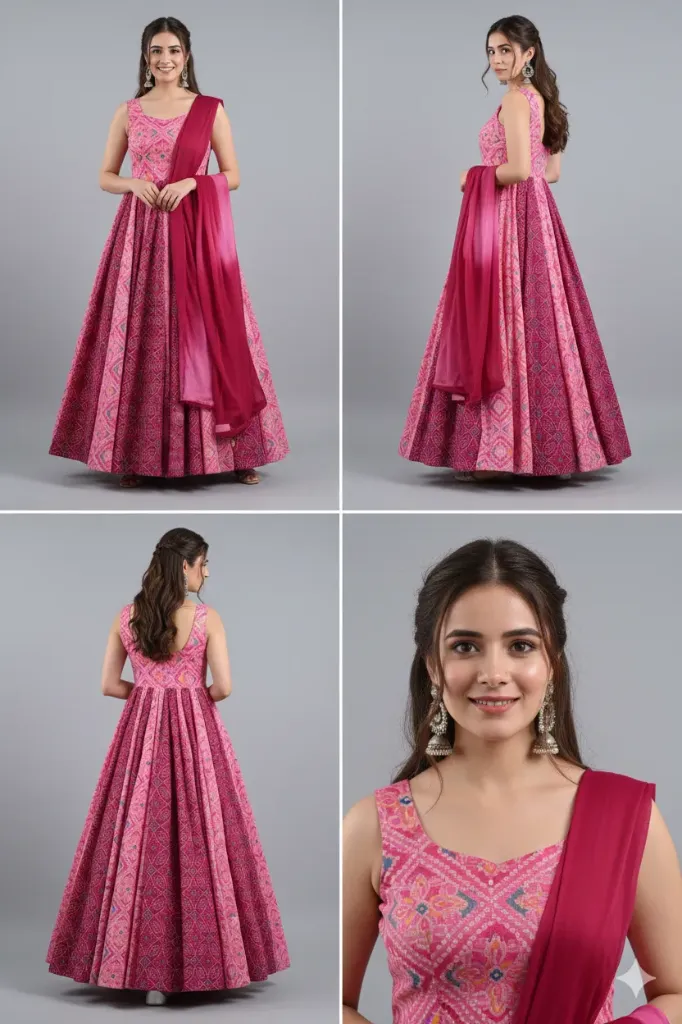 Women's Pink & Wine Bandhani Print Anarkali Gown with Ombre Chiffon Dupatta – 2 Piece Festive Ethnic Set (S)