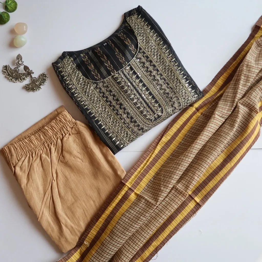 Exude Regal Charm in our Black & Antique Gold Embroidered Kurta Set