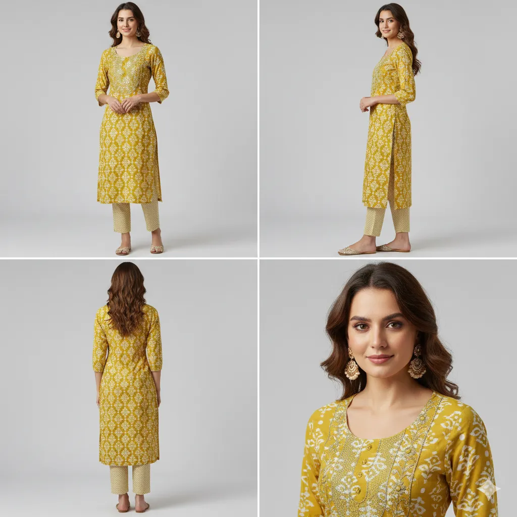 Women's Mustard Yellow Batik Print Straight Kurta with Coordinated Cigarette Pants – 2 Piece Daily Wear Ethnic Set
