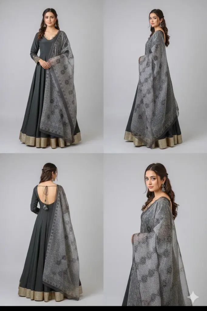 Women's Charcoal Grey Silk-Blend Anarkali Gown with Banarasi Border and Organza Printed Dupatta – 2 Piece Festive Set (S)