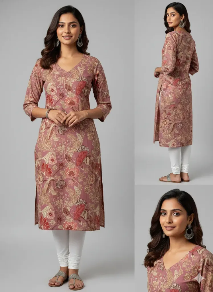 Women's Dusty Rose Kalamkari-Style Floral Print Cotton Kurta with V-Neck and 3/4th Sleeves