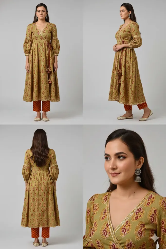Women's Olive Green & Rust Angrakha Style Anarkali Kurta with Balloon Sleeves and Printed Cigarette Pants – 2 Piece Ethnic Set