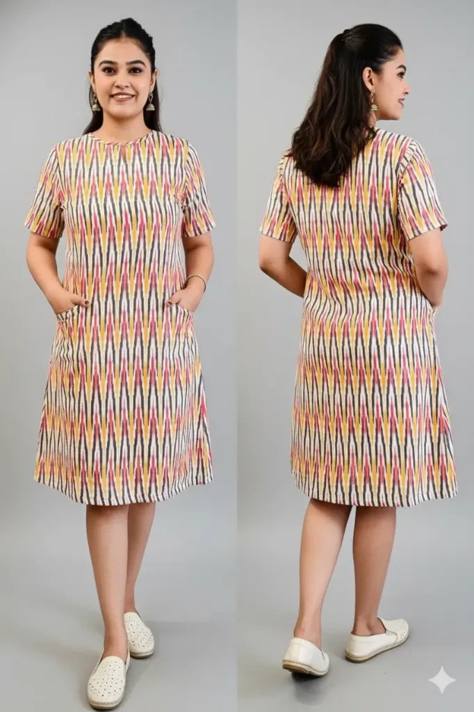 Women's Multi-Color Ikat Print Cotton A-Line Shift Dress with Pockets and Keyhole Neckline