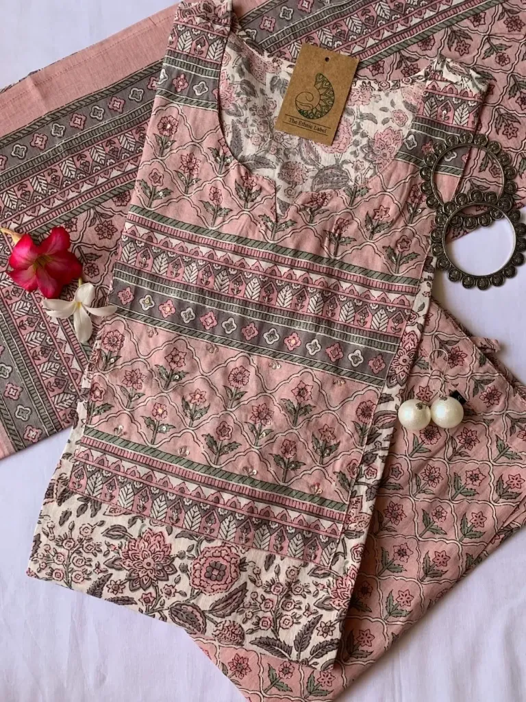 Blossom in Elegance with our Blush Pink Hand-Block Printed Kurta Set