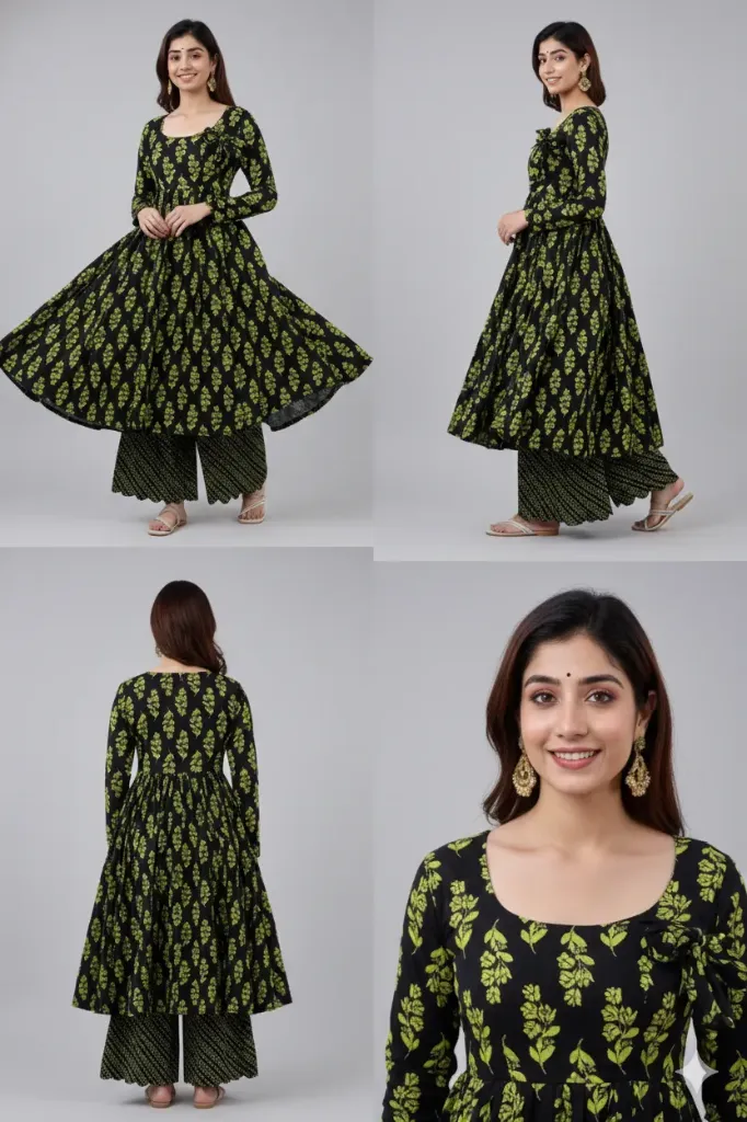 Women's Black & Lime Green Floral Print Anarkali Kurta with Wide-Leg Palazzos – 2 Piece Cotton Festive Set