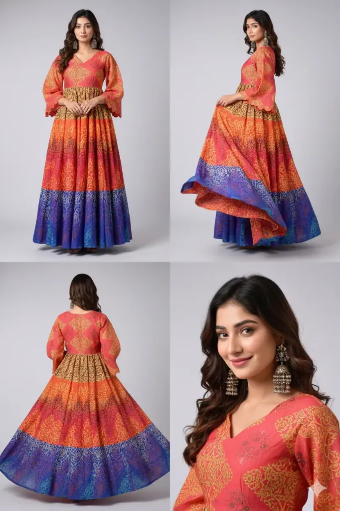 Women's Multi-Color Tiered Ikat & Damask Print Anarkali Gown with Bell Sleeves – Designer Festive Fusion Wear