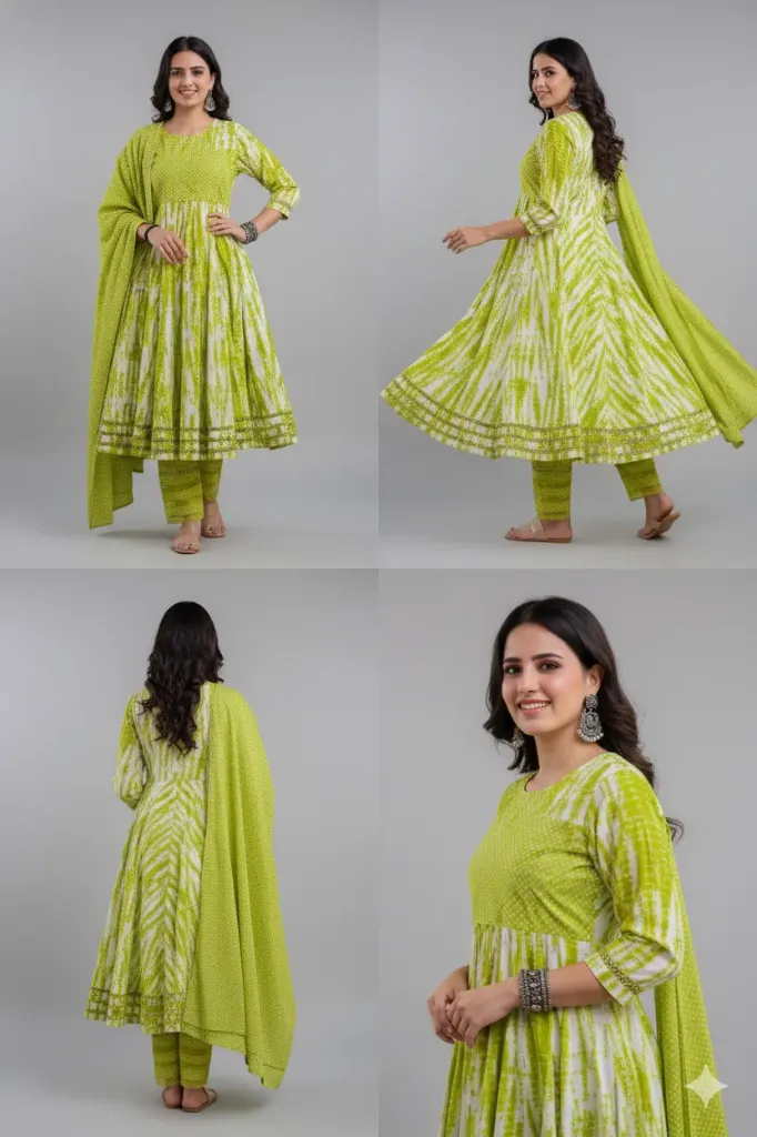 Women's Lime Green & White Shibori Tie-Dye Anarkali Set – 3 Piece Cotton Festive Suit with Bandhani Print Dupatta