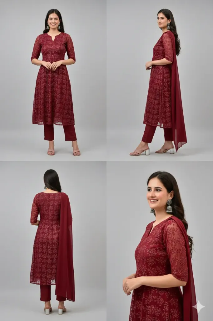 Women's Maroon Chikankari Georgette A-Line Kurta Set with Straight Pants & Chiffon Dupatta – 3 Piece Elegant Festive Suit