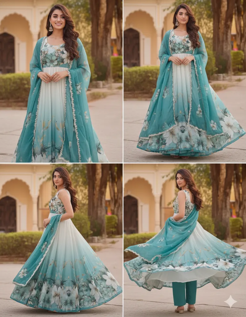 Seafoam Green Floral Anarkali Kurti Set