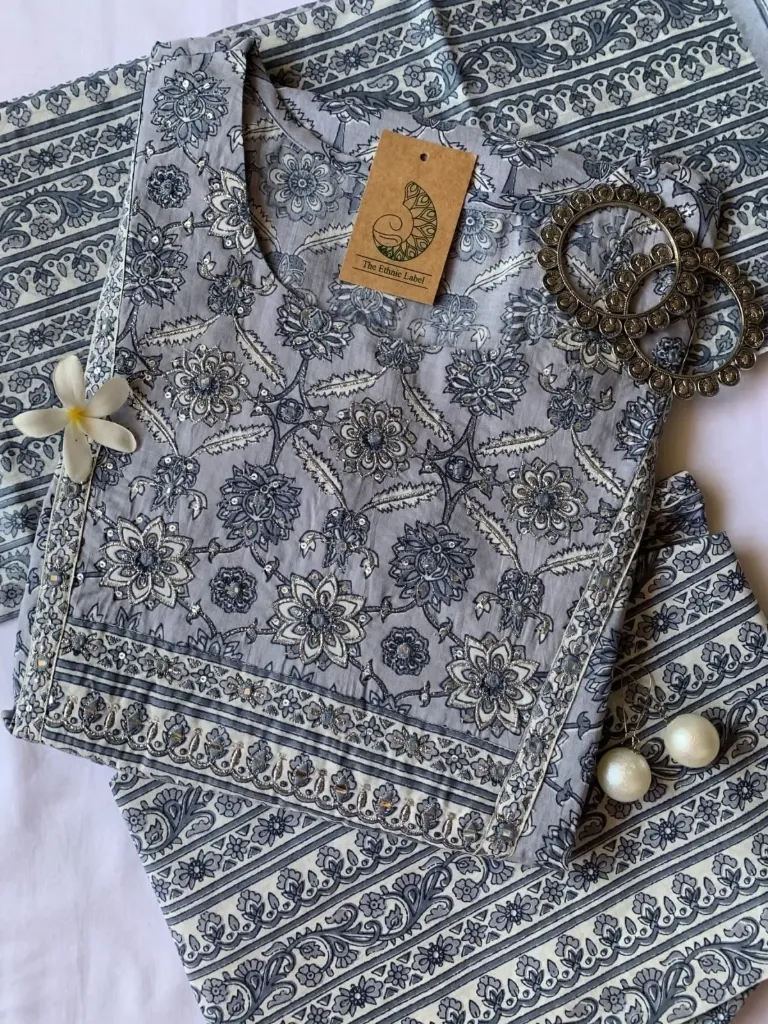 Dusty Blue Geometric Hand-Block Kurta Set