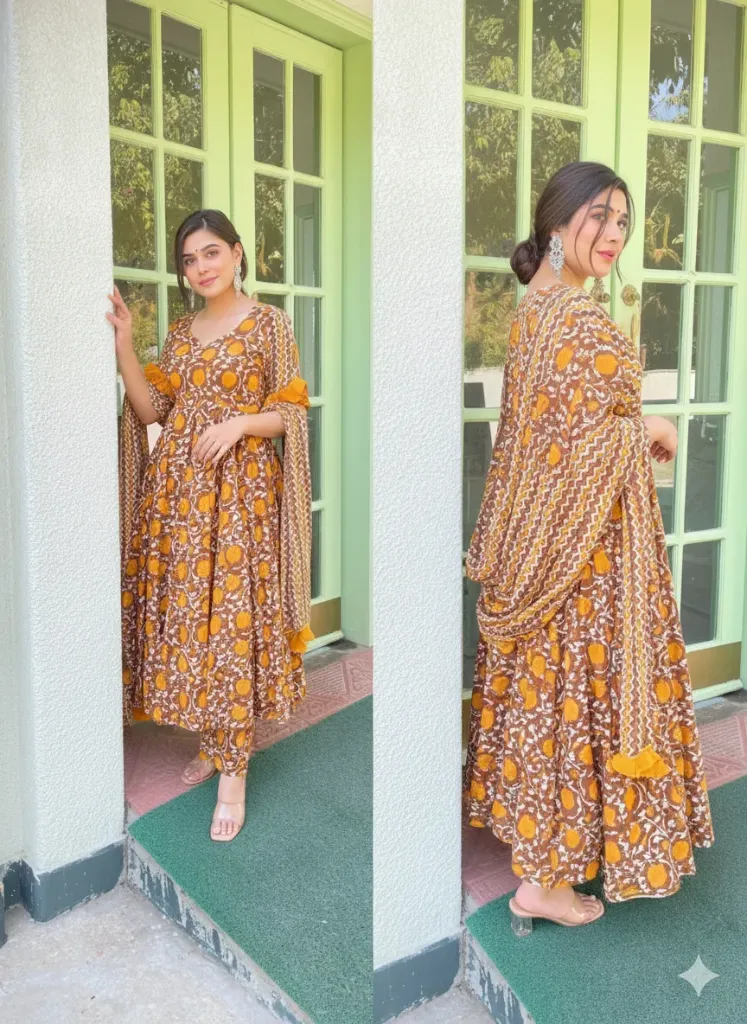The Classic: Autumn Floral Cotton Anarkali Suit Set with Matching Dupatta