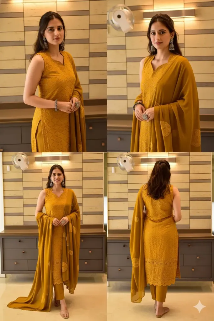 Elegant Mustard Yellow Chikankari Hand-Embroidered Kurta Set with Matching Trousers & Dupatta - 3 Piece Set