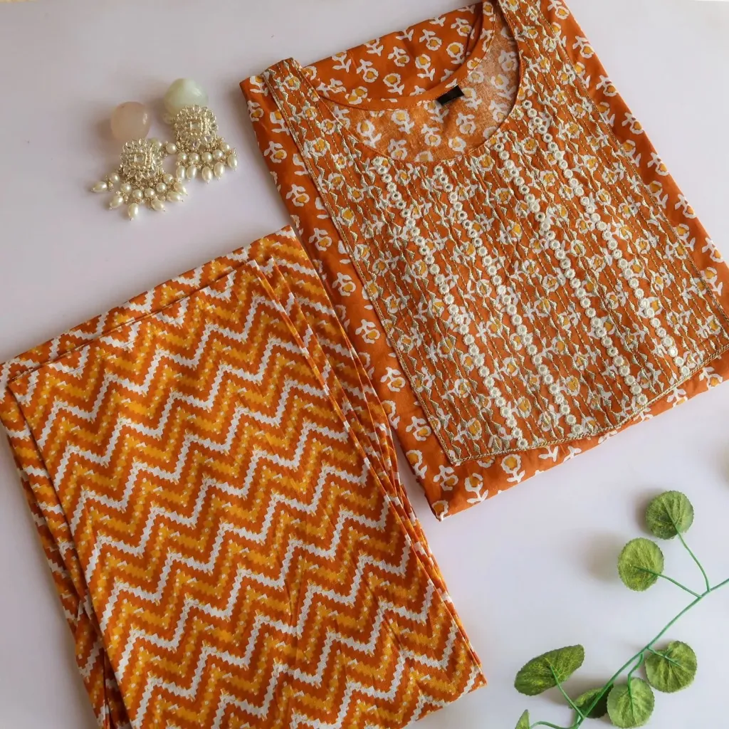 Radiant Tradition: Orange & Mustard Embroidered Hand-Block Kurt Set