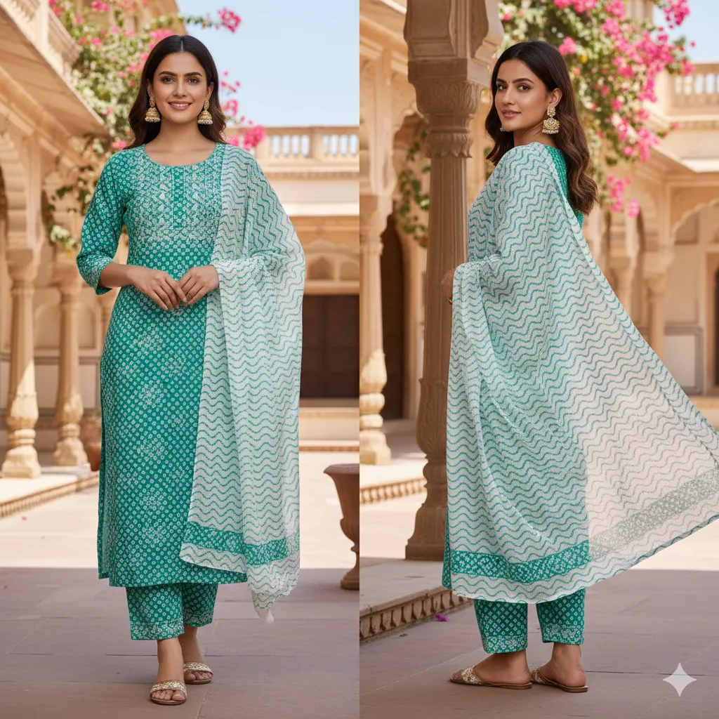 Teal Green Bandhani Kurta Set