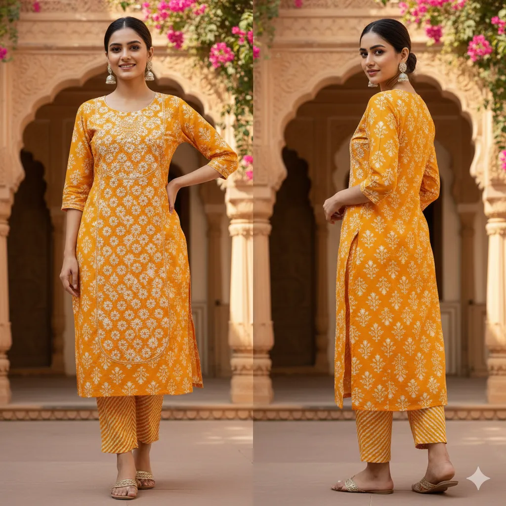 Mustard Yellow Bandhani Kurta Set