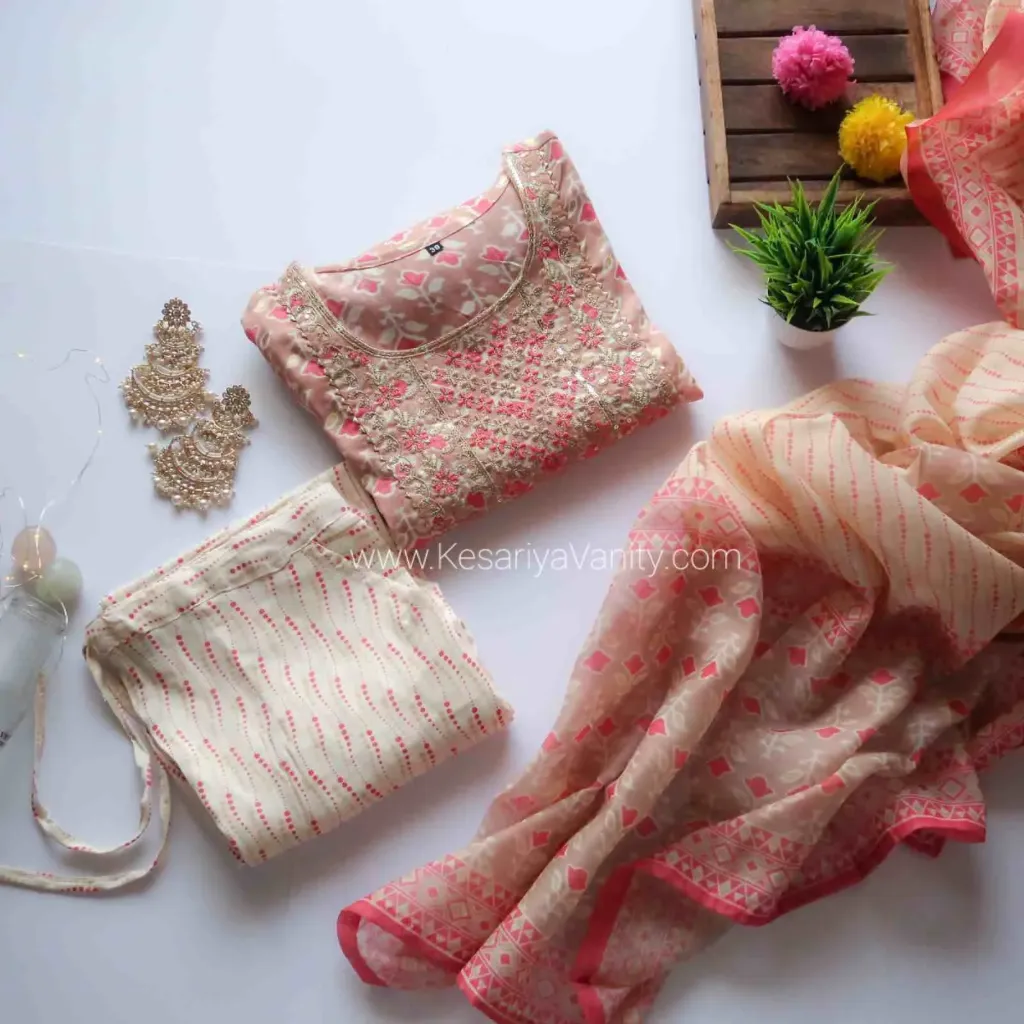 Effortless Grace: Dusty Pink Floral Hand-Block Printed 3-Piece Kurti Set