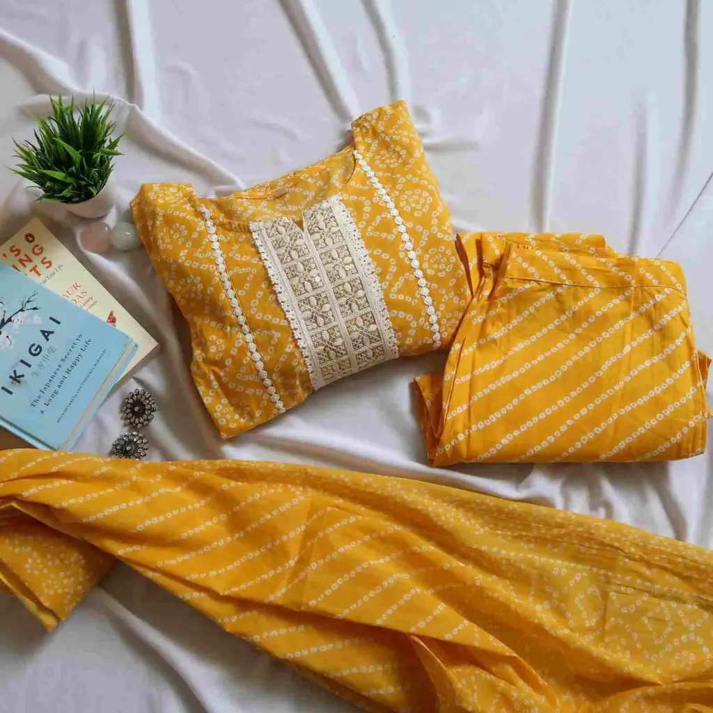 Mustard Yellow Bandhani Print Kurti Set,