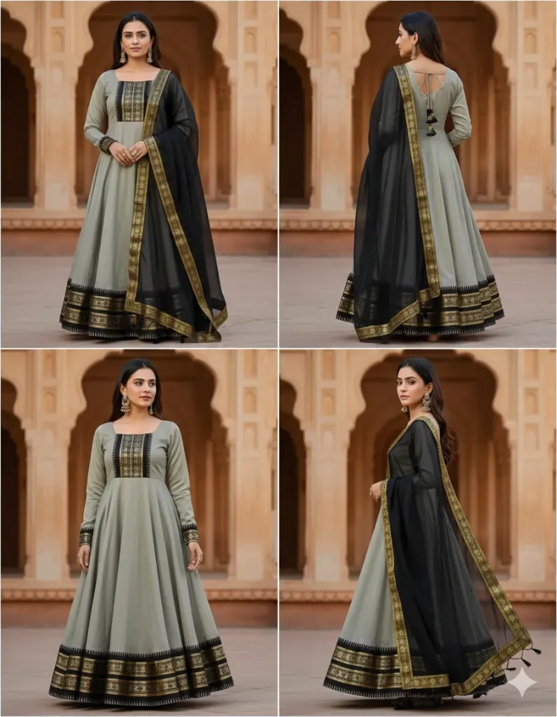 Traditional Zari-Bordered Anarkali Kurti Set (Red, S)