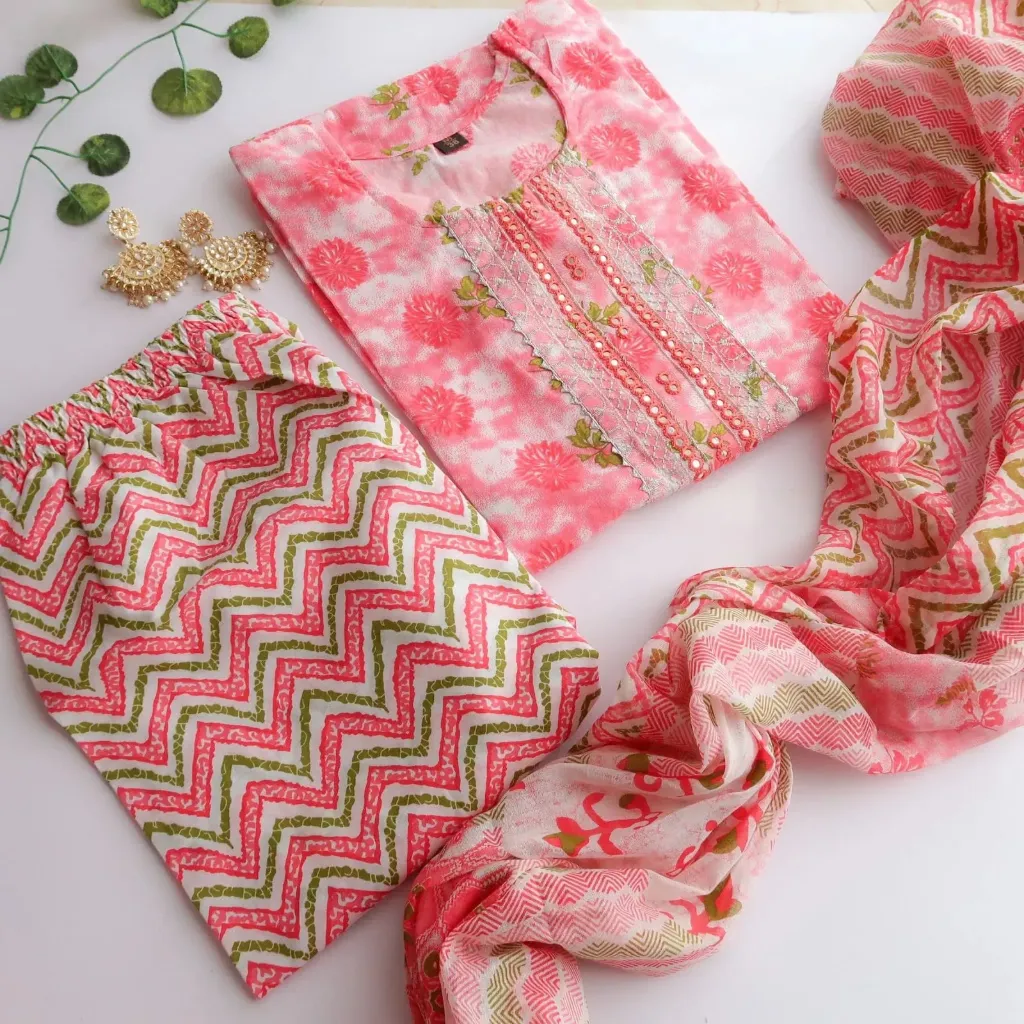 Radiant Bloom: Pink Floral Hand-Block Printed 3-Piece Kurti Set