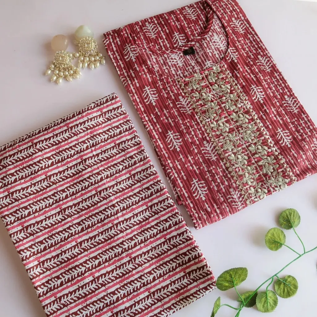 Earthy Elegance: Deep Maroon Geometric Hand-Block Kurta Set