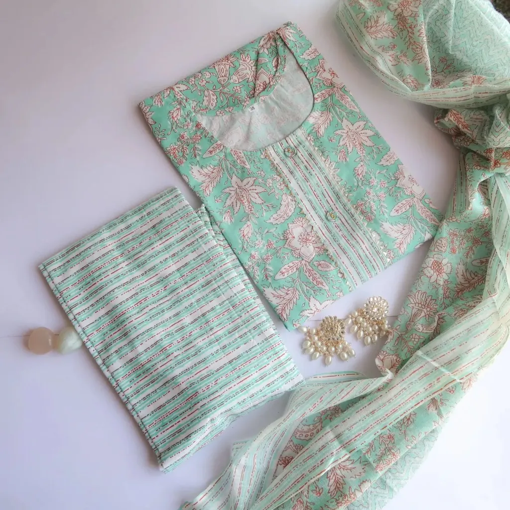 Minty Freshness: Seafoam Green Floral Hand-Block Printed 3-Piece Kurta Set