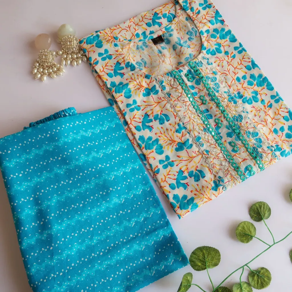 Teal Blue & White Floral Sleeveless Kurta Set,