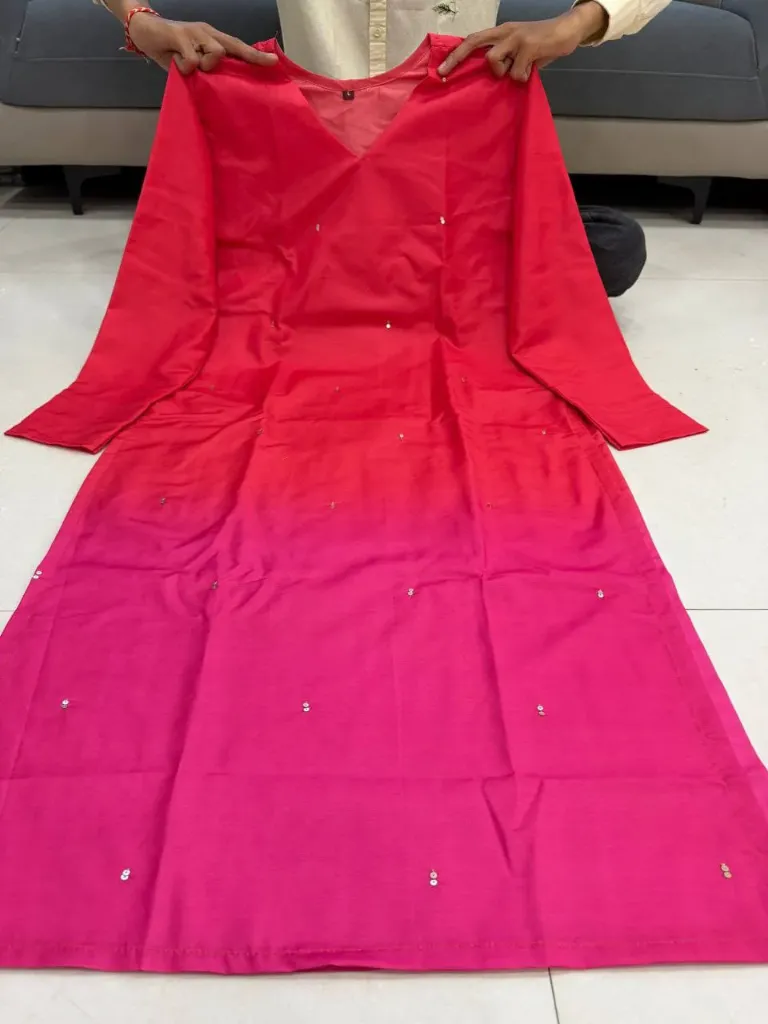 Sunset Glow: Red & Pink Ombre Hand-Dyed Cotton Kurti Set