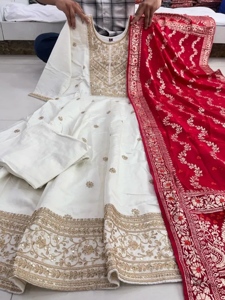 Regal Radiance: Ivory Embroidered Anarkali Set with Banarasi Red Dupatta