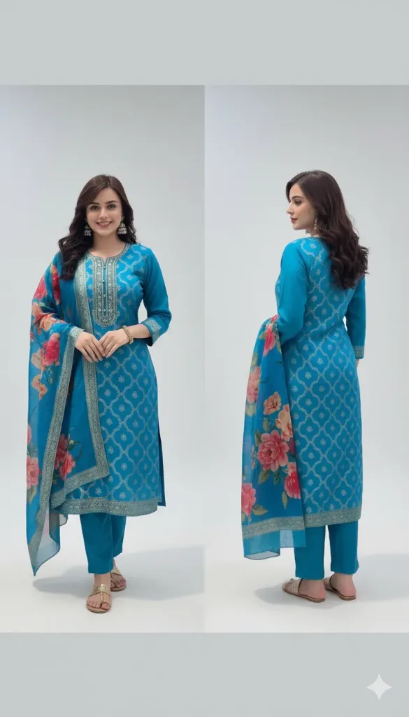 Cerulean Charm: Geometric Hand-Block Printed 3-Piece Kurti Set